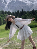 Elegant Hollow-out White Dresses For Women Simmer New Lantern Sleeve With Belt Mini Dress French Style Shirt Vestidos