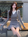 Y2K Sweet Knitted Skirts Suit Preppy Style Long Sleeve Pullover Top + Pleated A-Line Mini Skirt Womens Two Pieces Set New Outfit