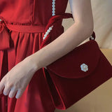 Vintage Red Velvet Women Shoulder Bag Pearl Chain Ladies Tote Underarm Bags Elegant Female Clutch Purse Handbags Christmas Gift