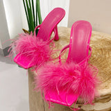 Summer Fashion Yellow Fluffy Furry Women Slippers Mules High Heels Slides Female Gladiator Sandals Party Banquet Shoes