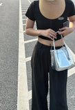 Korean Fashion Silver Mini PU Leather Tote Bag Y2k Luxury Designer Small Shopper Handbags and Purses Trend Chic Clutch Bags
