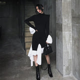 Autumn Korean Knitted Dress for Women Vintage Patchwork Irregular Slim Midi Dress Fashion Female New Outfits Office Work Clothes
