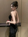 Party Dresses Women Criss Cross Sequins Backless Bandage Sleeveless Slim Vintage Sexy Party Dress Temperament Chic