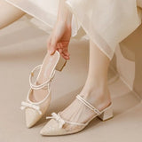 Beige Women's Shoes Summer with Medium Heels Footwear Bow Lace Sandals for Woman Wholesale Trend H Vip on Offer Vintage F