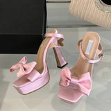 New Brand Super High Heels Sexy Sandals Fashion Pink Silk Bowknot Square Open Toe Chunky Platform Shoes Women Pumps