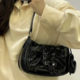 Girly Shoulder Bag Women  Ribbon Bow Pleated Patent Leather Female Bag Korea Ladies Underarm Pouch With Heart