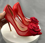 Red Flowers Lace Female Shoes 10Cm Pointy Toe Stiletto High Heel  Ladies Dress Women Pumps Plus Size 33-45