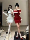 Christmas New Years Bodycon Knitted Mini Dress Women Casual Long Sleeve Sweet Elegant Even Party One Piece Dress Korean Fur