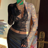 Elegant Lace Sheer T-shirt Sexy V Neck Flared Long Sleeve Slim Fit Tees Fairy Coquette Y2K Women Vintage Crop Top Clothe