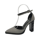 Women's Pumps Vintage Pointed Toe Chunky Heel Strange Style Lattice Hollow High Heels Party Leather Shoes Plus Size 43