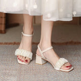 Ladies Shoes Square Heels Open Toe Women's Sandals for Party and Weddings Buckles Korea Daily Comfortable Elegant Vintage H Shoe