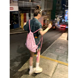 Fashion Pink Bear Drawstring Backpack for Women Kawaii Cartoon Cotton Y2k Women Backpack Korean Style Travel Shopping Girls Bag