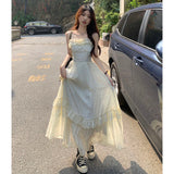 Vintage Ruffle Dress Women Korean Solid Sweet Elegant Preppy Midi Dress Summer Casual Sleeveless Spaghetti Straps A Line Dress