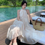 Summer French Temperament White Bohemian Seaside Resort Style Sexy Loose Hanging Neck Character Sleeveless Mid-length Dress