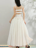 New Summer Strapless Back Hollow Out Square Pleated Slim Big Hem White Temperament Dress Women Fashion