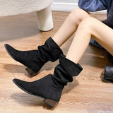 Women's Natural Suede Western Boots Thick Pointed Short Boots Vintage Pleated Fashion Boots Women's Autumn