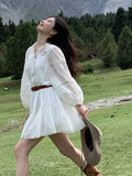 Elegant Hollow-out White Dresses For Women Simmer New Lantern Sleeve With Belt Mini Dress French Style Shirt Vestidos 