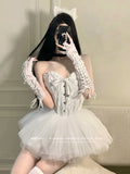 Medieval Retro Princess 2-piece Set Women Tube Top Mini Skirt Lace Frill Textured Boned Corset Elastic Waist Tutu Gown