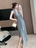 New French Summer Vintage Slim Sleeveless V Neck Strapless Long Dresses Sexy Fashion Backless Irregular Women's Prom Dress