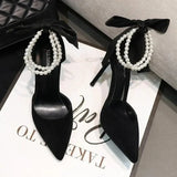 Summer  Bow Black High Heel Sandals Lace-up Solid Ladies Shoes Fashion Thin Heels Buckle Women's Sandals banquet