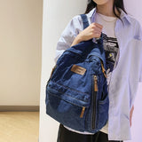 Washed Denim Fashion Backpacks For Women Latest Trend Student School Bag Multi Pockets Large Capacity Blue Rucksack Mochila