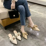 Summer Mules Shoes With Heel Women's Slippers And Ladies Sandals Bow Slides Pointed Toe Chic Point Hot Low Price Waterproof