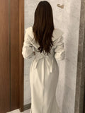 Autumn New Dress Women V-neck Folds Design Lace Up Puff Sleeves Solid Mermaid Elegant France Vintage Office Lady Vestidos