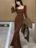 Autumn Fashion Maxi Dress Women Long Sleeves Square Collar Spring Korean Style Slim Fit Mermaid Elegant Basic Thin Vestidos