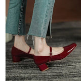 Spring Autumn Women Buckle Mary Janes Shoes Patent Leather Dress Shoes High Heels Pumps Retro Ladies Shoe Black Red