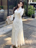 Elegant Party Dresses Woman Autumn Lace-up V-Neck Flare Sleeve Evening Party Long Dress Casual Vestidos Robe Female Clothing New