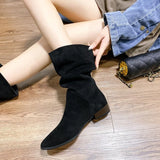 Women's Natural Suede Western Boots Thick Pointed Short Boots Vintage Pleated Fashion Boots Women's Autumn