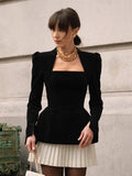 Elegant Women Pleated Hem Splicing Velvet Mini Dress Chic Shoulder Pad Square Neck Full Sleeve Button Vestido Lady Party Dresses