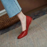 Women's Summer Footwear With Bow Red Shoes For Woman Round Toe Flat Flats Normal Leather Casual Young On Sale Offer Fashion