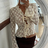 Elegant Women Summer Lace Floral Tops Flare Long Sleeve Tie Front Sheer Slim Crop Cardigan Clubwear blusa mujer moda