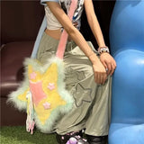 Y2k Shoulder Bag for Women Star Shape Applique Tassel Soft Plush Shoulder Bag Sweet Cool Gothic Fashion Designers Handbag