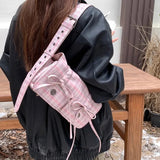 Plaid Pink Womens Shoulder Bag Pleated Casual Sweet Cute New Fashion Leather Handbag Literary Exquisite Designer Armpit Bag