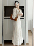 Autumn Woemn Embroidery Long Dress Elegant O-neck Ladies Long Sleeve One Piece Clothes French Solid Vestidos Maxi Dresses