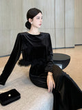 Autumn Solid Velvet Skirts Suit for Women Elegant Chic O-Neck Long Sleeve Tops Fashion High Waist Split Skirt Two Pieces Set New