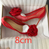 Red Flowers Lace Female Shoes 10Cm Pointy Toe Stiletto High Heel  Ladies Dress Women Pumps Plus Size 33-45