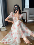 Korean Summer Fashion Chiffon Floral Dress Women Casual A-Line Fairy Party Midi Vestidos Female Vintage Beach Short Sleeve Robe