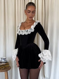 Sexy Lace Flare Long Sleeve Mini Dress Women Fashion Black Square Collar High Waist A-line Dresses Lady Evening Party Gown