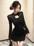 Sexy Black Womens Dresses Elegant Lace Patchwork Flare Long Sleeves Half Open Collar Bodycon Party Mini Dress Short Vestidos