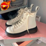 With Laces Short Shoes for Women Chunky Female Ankle Boots Lace-up Sports Booties Leather Kawaii Cute White Footwear Sneakers Pu