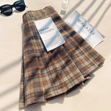 Plaid Woolen Blends Pleated Skirt For Women Fall Winter High Waist A-line Skirt Ladies Fashion Khaki Mini Skirts Vintage Female