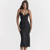 Spaghetti Strap Midi Party Dresses Black Satin Sexy Lace Detachable Corset Dress Casual Holiday Birthday Dresses