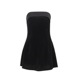 Summer Solid Off Shoulder Velvet Short Dress Women A-Line Spliced Strapless Mini Dresses High Waist Slim Club Dresses