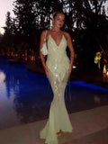 Sexy Sequin Halter Backless Shiny Long Dress Women's Sleeveless V Neck Chic Glitter Dresses  Party Evening Vacation Holiday