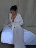 Women's Sexy Deep V Neck Crochet Dress Y2k See Through Knit Long Dress Beach Cut Out Long Sleeve Long Dress White