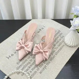 Fairy Style Pink Cool Slippers for Women's Summer French Pointed Bow Hollow High Heels, Half Wrapped Women's Slippers