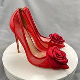 Red Flowers Lace Female Shoes 10Cm Pointy Toe Stiletto High Heel  Ladies Dress Women Pumps Plus Size 33-45